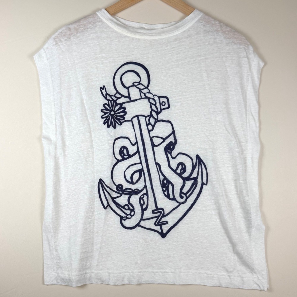 Zimmermann 100% Linen Anchor Graphic Muscle Tank Top White 0 Petite Nautical Tee - Picture 1 of 7